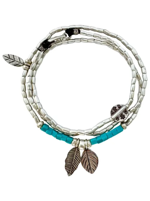 bohemian style silver jewellery. sterling silver wrap bracelet with 2 leaf charms - water safe for everyday wear. 3 styles in 1