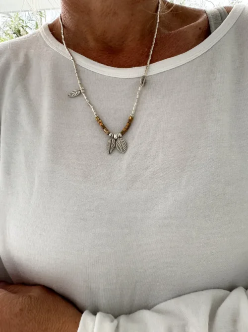 bohemian style silver jewellery. sterling silver necklace with 2 leaf charms and bronze seed beads - water safe for everyday wear. 3 styles in 1