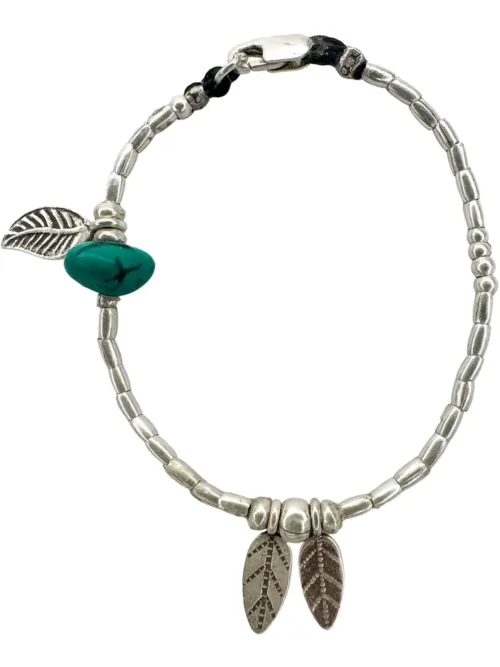 pure silver bracelet with 2 leaf pendants and single turquoise nugget gemstone