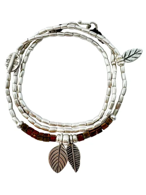 bohemian style silver jewellery. sterling silver wrap bracelet with 2 leaf charms and bronze seed beads - water safe for everyday wear. 3 styles in 1