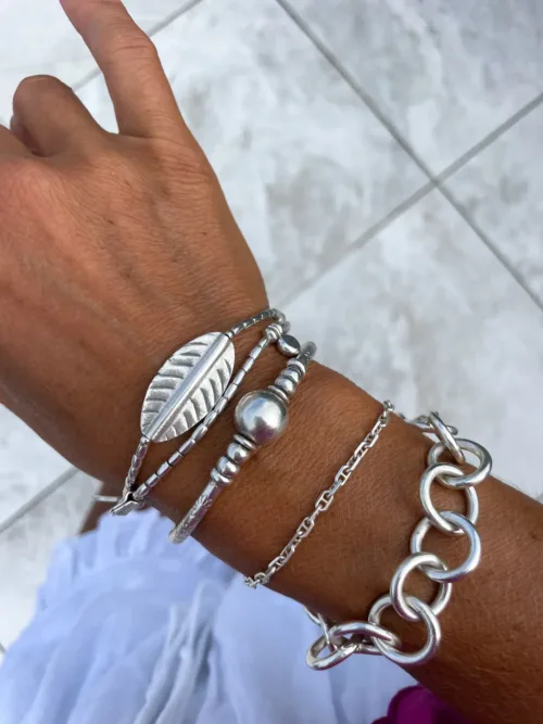 pure silver bracelet with large leaf centre. ocean safe silver jewelry