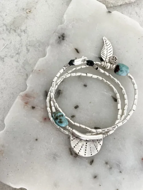 ocean inspired silver jewellery. Pure silver wrap bracelet with silver crescent disc and larimar gemstone - for a beach vibes look- water safe for everyday wear. 3 styles in 1