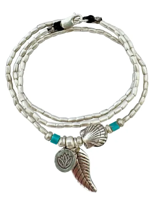 ocean inspired silver jewellery. Pure silver wrap bracelet with clam shell for a beach vibes look- water safe for everyday wear. 3 styles in 1