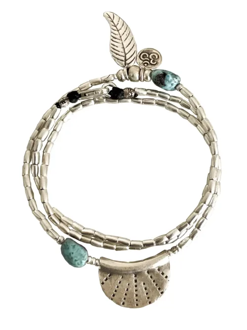 ocean inspired silver jewellery. Pure silver wrap bracelet with silver crescent disc and larimar gemstone - for a beach vibes look- water safe for everyday wear. 3 styles in 1