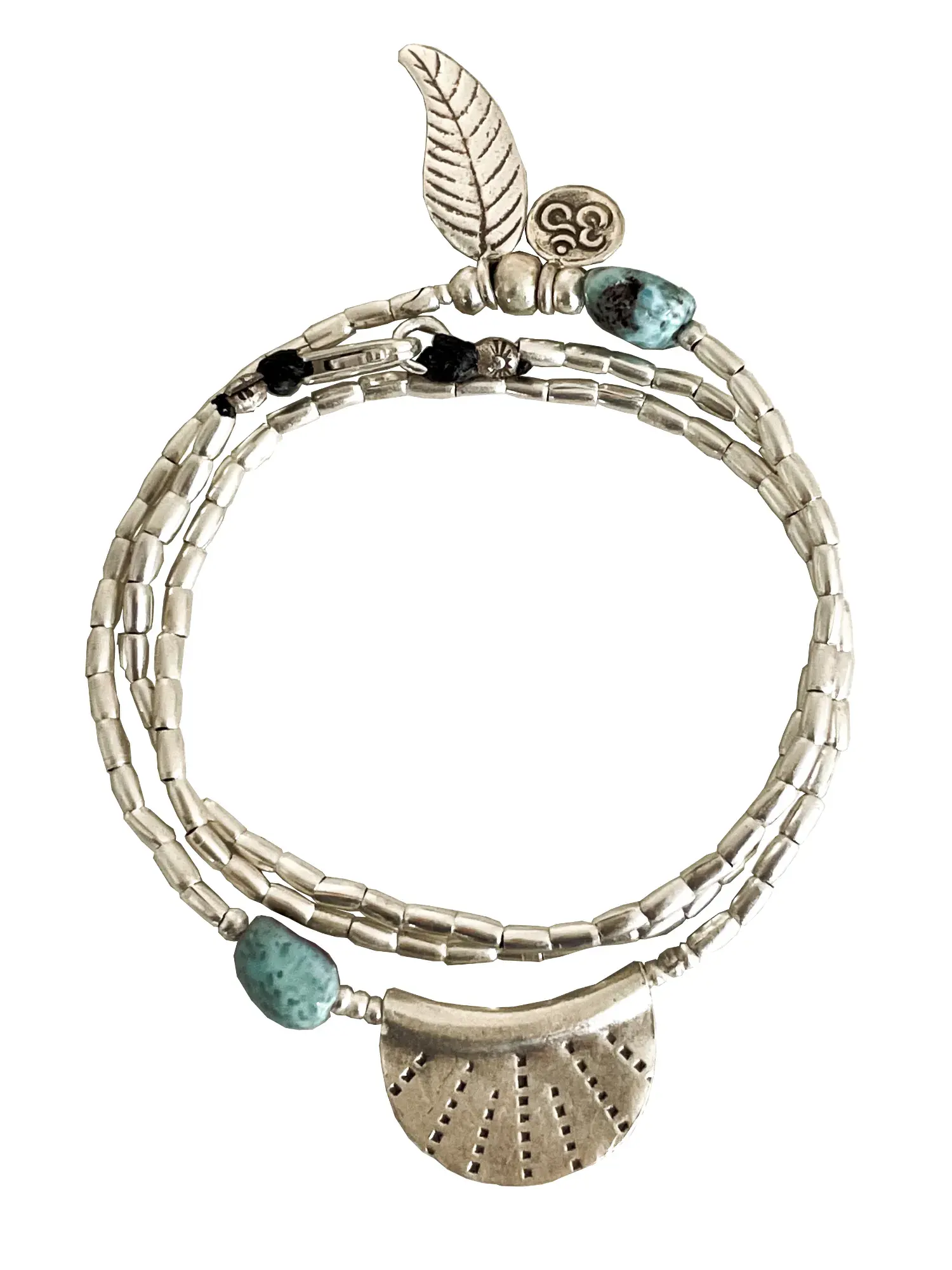 ocean inspired silver jewellery. Pure silver wrap bracelet with silver crescent disc and larimar gemstone - for a beach vibes look- water safe for everyday wear. 3 styles in 1