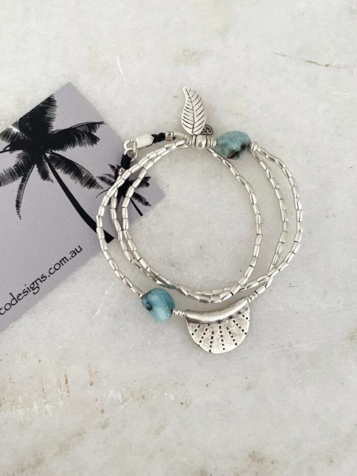 ocean inspired silver jewellery. Pure silver wrap bracelet with silver crescent disc and larimar gemstone - for a beach vibes look- water safe for everyday wear. 3 styles in 1
