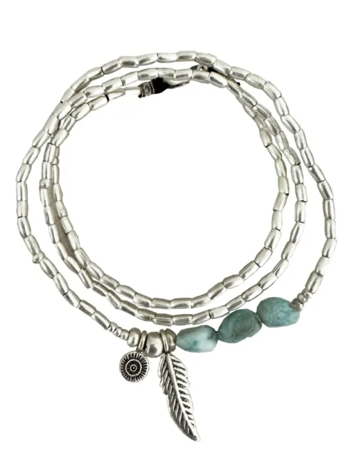 ocean inspired silver jewellery. Pure silver wrap bracelet with silver feather charm and larimar gemstones - for a beach vibes look- water safe for everyday wear. 3 styles in 1