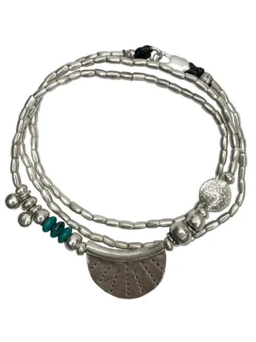 bohemian style silver jewellery. Pure silver wrap bracelet with silver crescent disc and turquoise gemstone - for a beach vibes look- water safe for everyday wear. 3 styles in 1