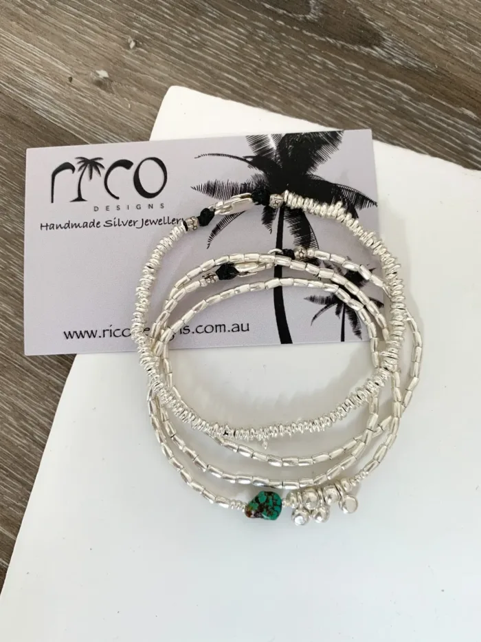 minimal style pure silver triple wrap bracelet-with gemstone. style it 3 ways. bracelet, anklet or necklace - water safe