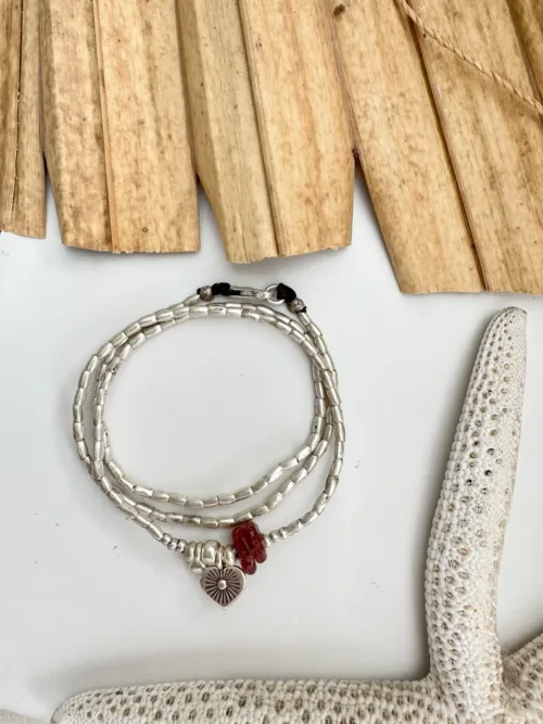 heart pendant with strawberry quartz gemstone bracelet. Combined with pure silver triple wrap bracelet. style it 3 ways. bracelet, anklet or necklace - water safe