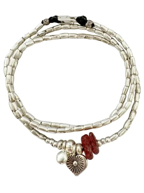 heart pendant with strawberry quartz gemstone bracelet. Combined with pure silver triple wrap bracelet. style it 3 ways. bracelet, anklet or necklace - water safe