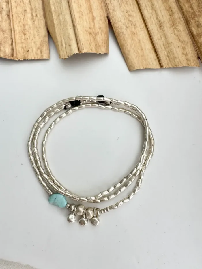 minimal style pure silver triple wrap bracelet-with gemstone. style it 3 ways. bracelet, anklet or necklace - water safe