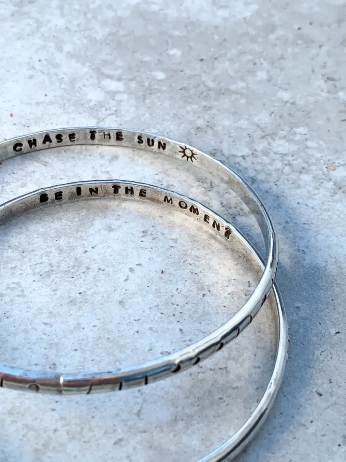 handmade sterling silver bangle. customisable hand stamped option. great for bracelet stacking. water safe