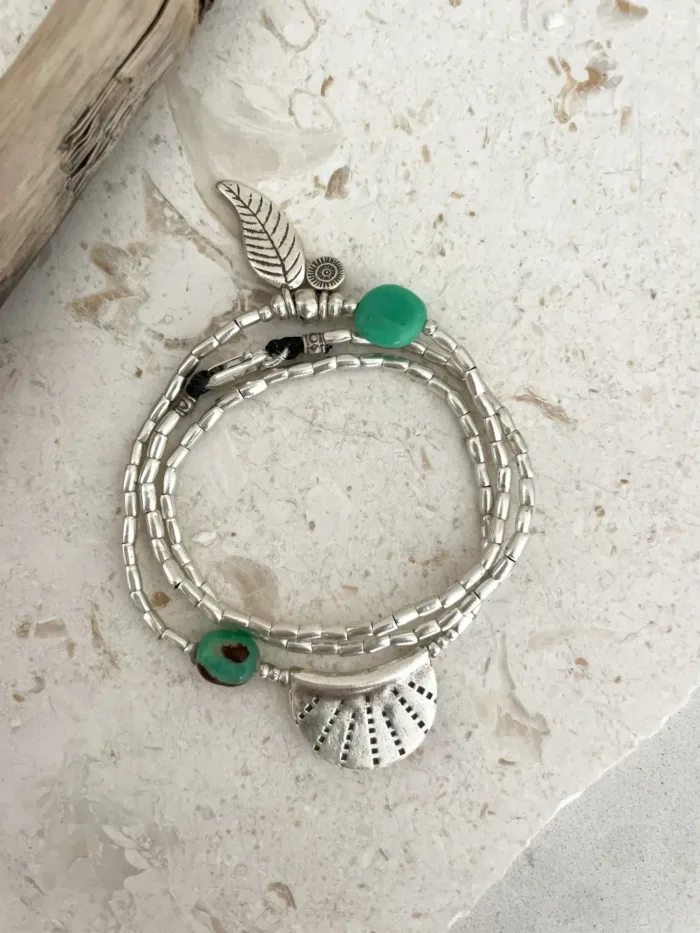ocean inspired silver jewellery. Pure silver silver wrap bracelet with silver crescent disc and chrysoprase gemstone - for a beach vibes look- water safe for everyday wear. 3 styles in 1
