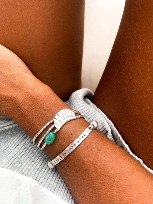 ocean inspired silver jewellery. Pure silver silver wrap bracelet with silver crescent disc and chrysoprase gemstone - for a beach vibes look- water safe for everyday wear. 3 styles in 1