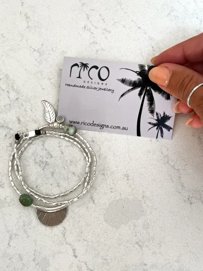 ocean inspired silver jewellery. Pure silver silver wrap bracelet with silver crescent disc and chrysoprase gemstone - for a beach vibes look- water safe for everyday wear. 3 styles in 1