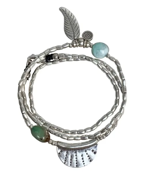 ocean inspired silver jewellery. Pure silver silver wrap bracelet with silver crescent disc and chrysoprase gemstone - for a beach vibes look- water safe for everyday wear. 3 styles in 1