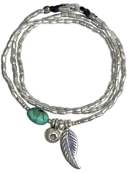 ocean inspired silver jewellery. Pure silver wrap bracelet with silver feather charm and chrysoprase gemstone - for a beach vibes look- water safe for everyday wear. 3 styles in 1. tug proof