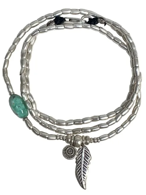 ocean inspired silver jewellery. Pure silver wrap bracelet with silver feather charm and chrysoprase gemstone - for a beach vibes look- water safe for everyday wear. 3 styles in 1. tug proof