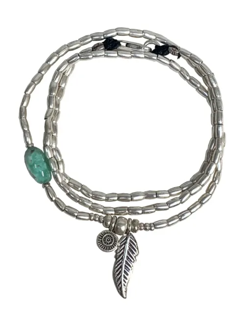 ocean inspired silver jewellery. Pure silver wrap bracelet with silver feather charm and chrysoprase gemstone - for a beach vibes look- water safe for everyday wear. 3 styles in 1