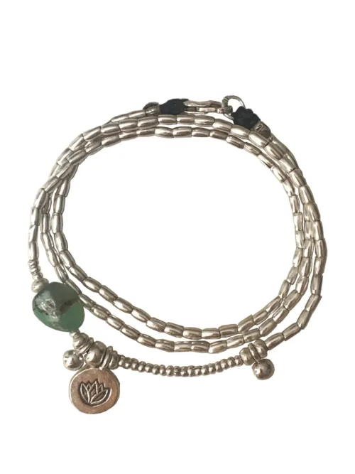 ocean inspired silver jewellery. Pure silver wrap bracelet with silver lotus flower charm and chrysoprase gemstone - for a beach vibes look- water safe for everyday wear. 3 styles in 1
