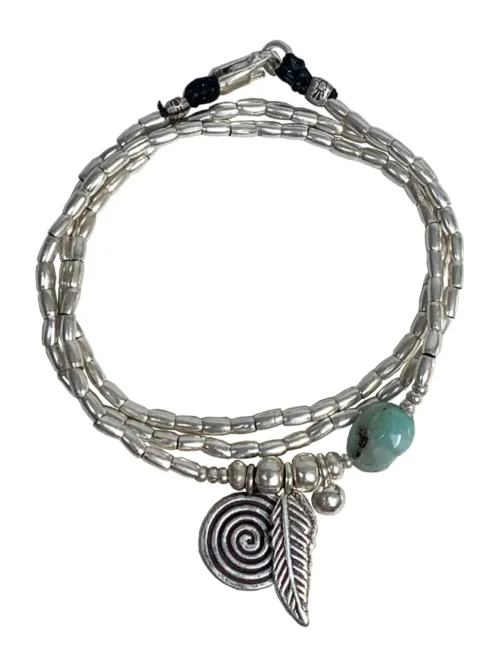 ocean inspired silver jewellery. Pure silver silver wrap bracelet with silver spiral charm and chrysoprase gemstone - for a beach vibes look- water safe for everyday wear. 3 styles in 1