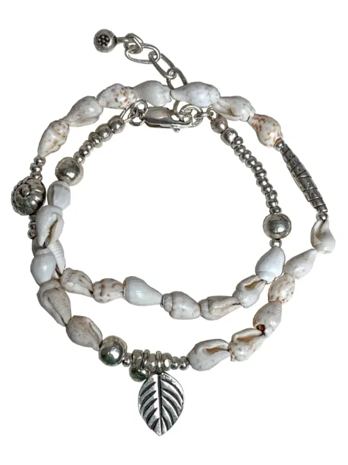 beach inspired pure silver double wrap bracelet with natural shells