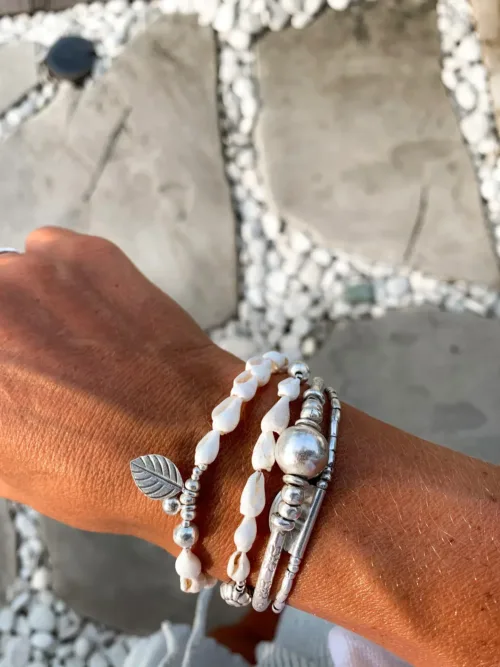 beach inspired pure silver double wrap bracelet with natural shells