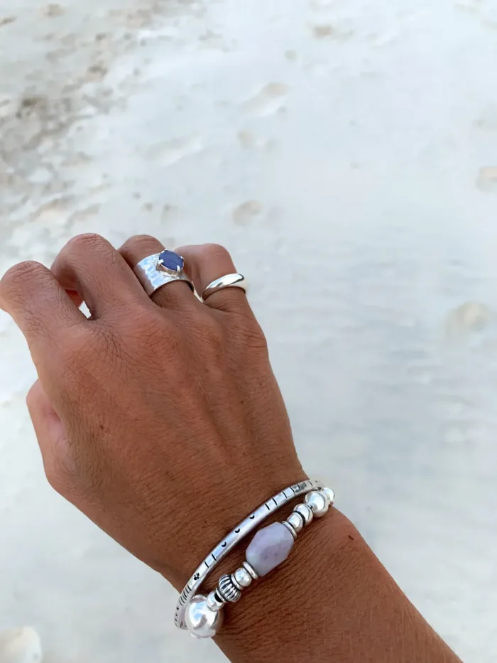 chunky pure silver bracelet with kunzite gemstone- perfect for a bracelet stack - tug proof perfect for mums- ocean safe