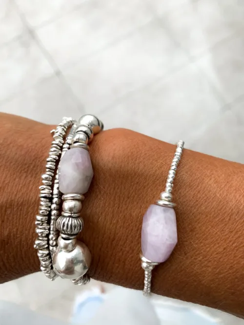 pure silver bracelet with kunzite gemstone- looks great in a bracelet stack - tug proof perfect for mums- ocean safe