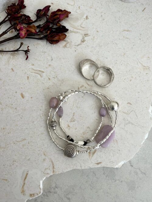 chunky kunzite gemstone pure silver wrap- 3 in 1 style bracelet, anklet, necklace-water safe