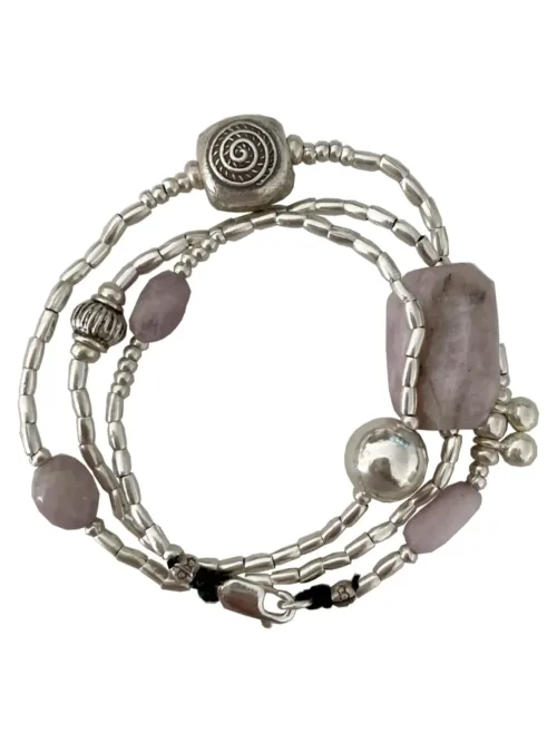 chunky kunzite gemstone pure silver wrap- 3 in 1 style bracelet, anklet, necklace-water safe