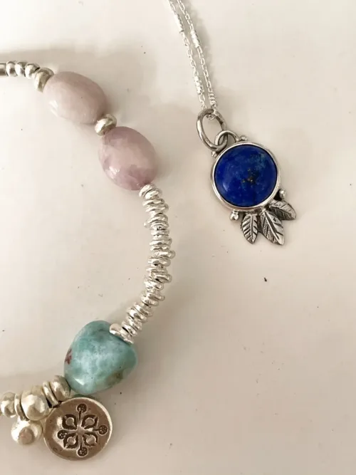 sterling silver bracelet made for summer. Larimar and kunzite gemstone - ocean safe - wear everyday
