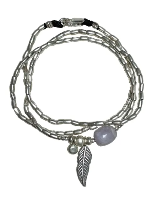 ocean inspired silver jewellery. Pure silver wrap bracelet with silver feather charm and kunzite gemstone - for a beach vibes look- water safe for everyday wear. 3 styles in 1
