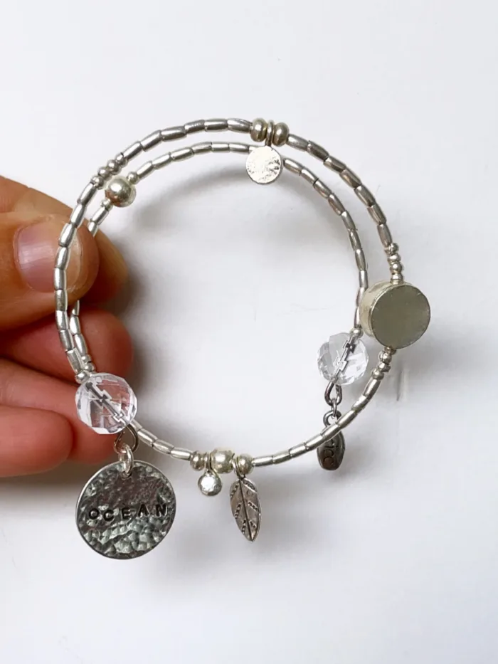 memory wire double wrap bracelet with pure silver and crystal quartz gemstone. Customisable charm pendant