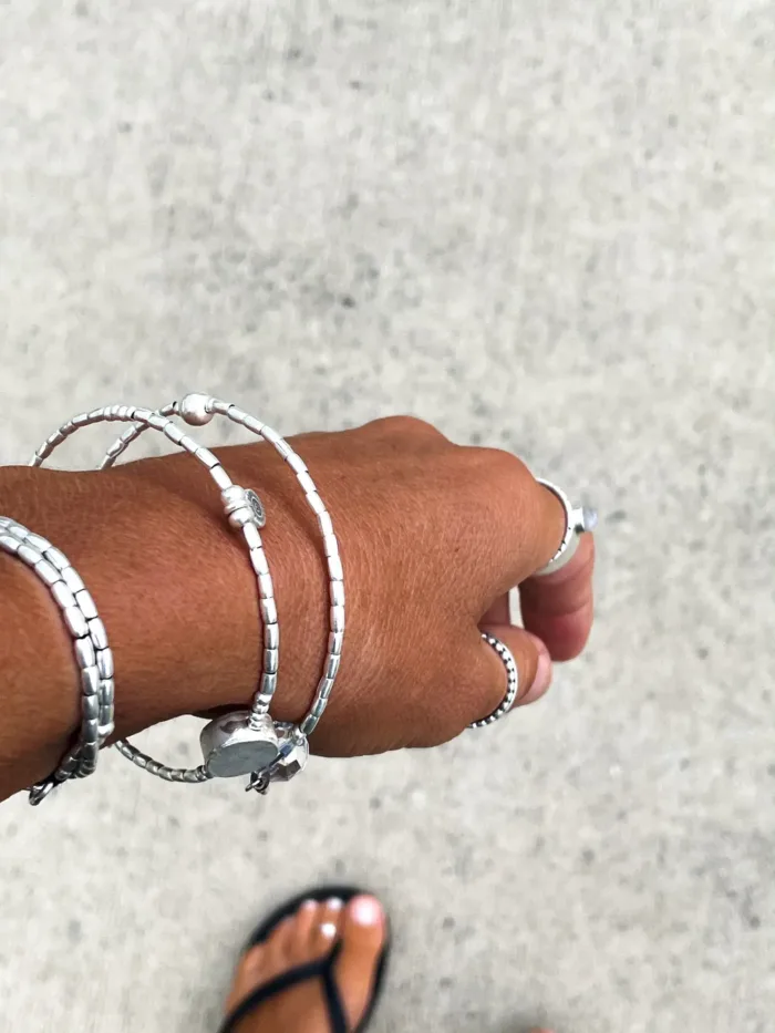 memory wire double wrap bracelet with pure silver and crystal quartz gemstone. Customisable charm pendant