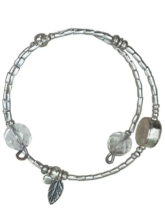 memory wire double wrap bracelet with pure silver and crystal quartz gemstone. Customisable charm pendant