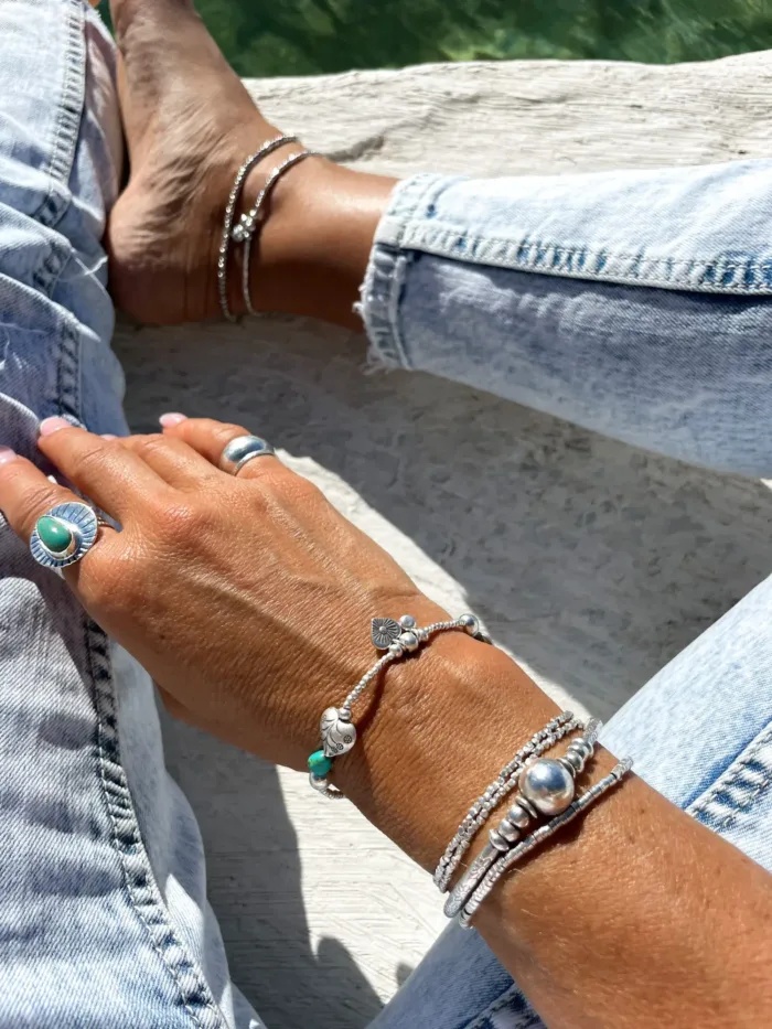 women silver jewellery. sterling silver bracelet made for stacking - 2 hearts - turquoise gemstones. Water safe for everyday wear. A great option for a bracelet stack