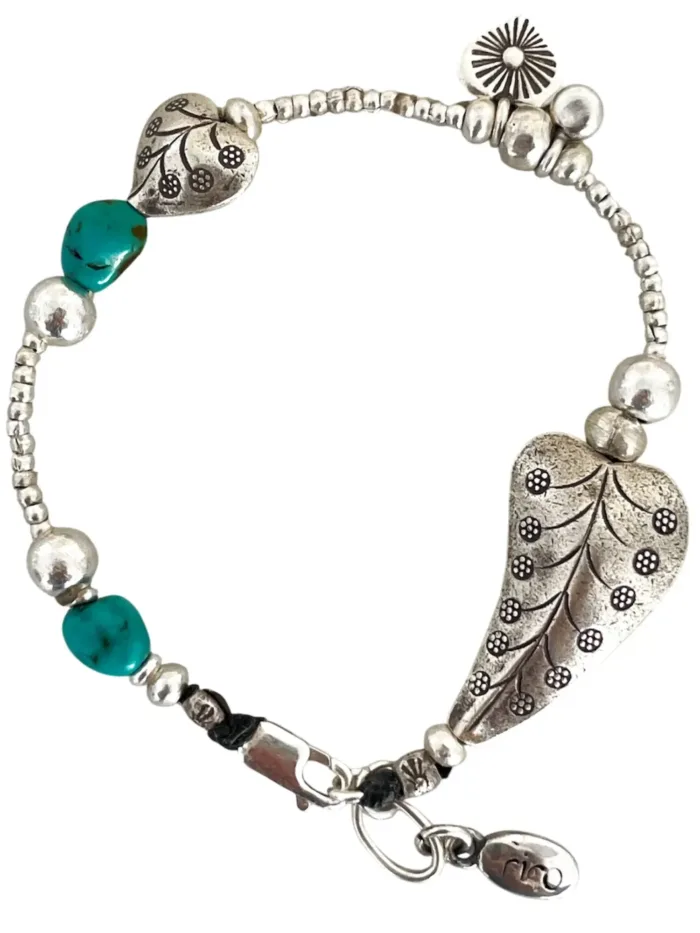 women silver jewellery. sterling silver bracelet made for stacking - 2 hearts - turquoise gemstones. Water safe for everyday wear. A great option for a bracelet stack