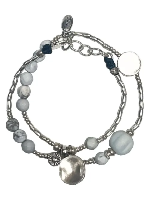 Pure silver wrap bracelet combined with white washed agate gemstone beads - for a beach vibes look- water safe for everyday wear.