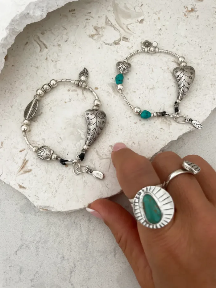 women silver jewellery. sterling silver bracelet made for stacking - 2 hearts - turquoise gemstones. Water safe for everyday wear. A great option for a bracelet stack