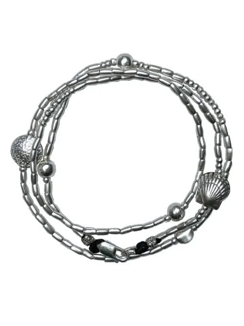ocean inspired silver jewellery. Pure silver silver wrap bracelet with clam shell for a beach vibes look- water safe for everyday wear. 3 styles in 1