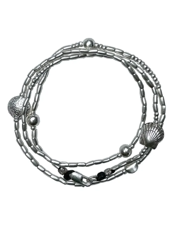 ocean inspired silver jewellery. Pure silver wrap bracelet with clam shell for a beach vibes look- water safe for everyday wear. 3 styles in 1
