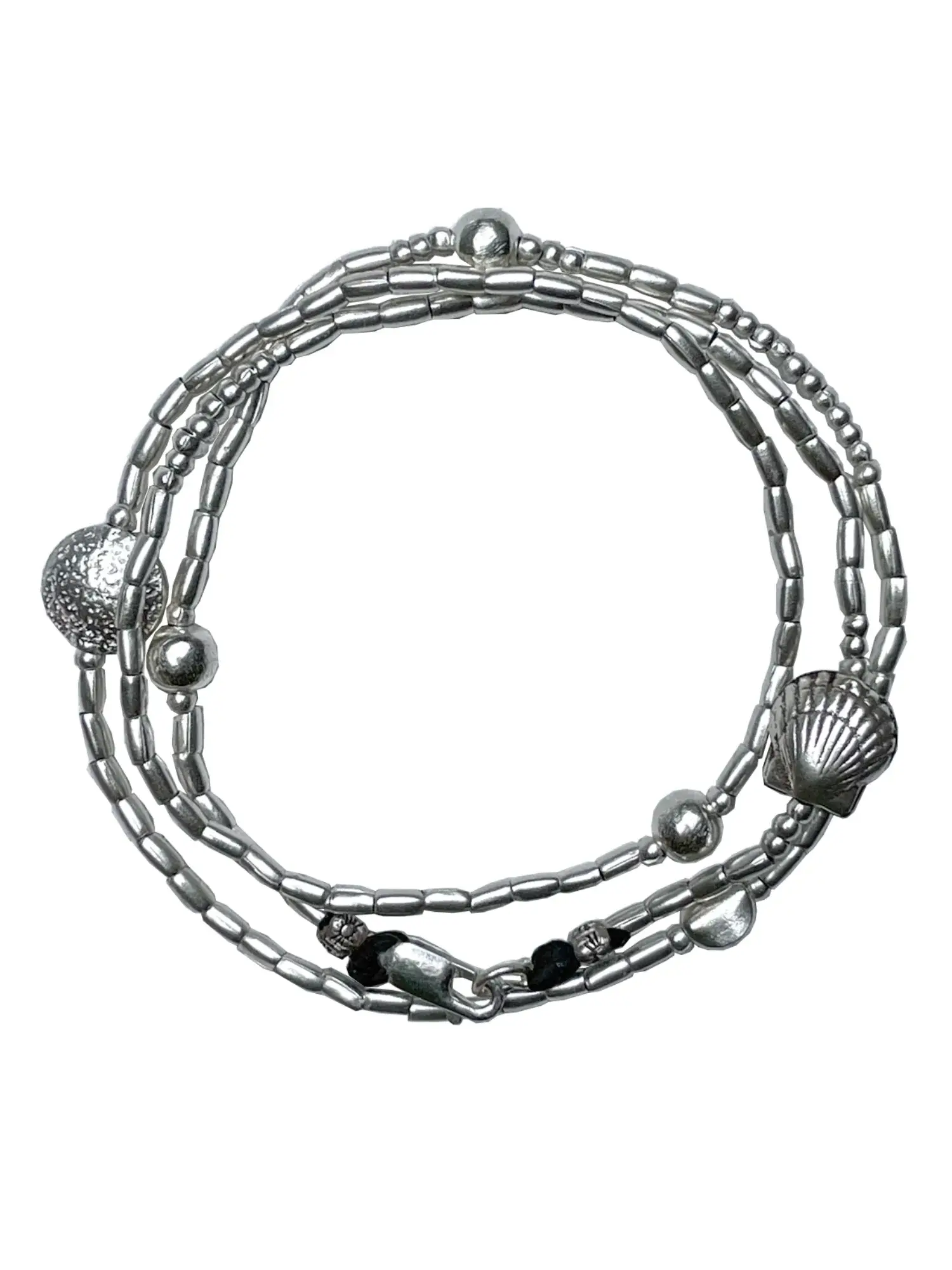 ocean inspired silver jewellery. Pure silver silver wrap bracelet with clam shell for a beach vibes look- water safe for everyday wear. 3 styles in 1