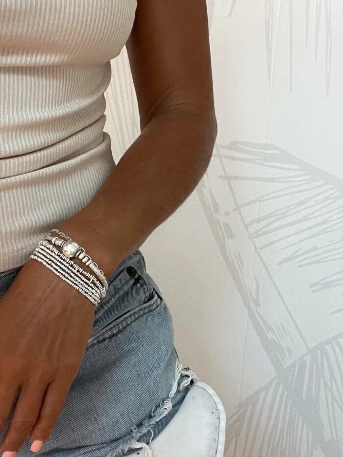 minimal bracelet style. Pure silver bicone silver wrap bracelet for a beach vibes look- water safe for everyday wear. 3 styles in 1