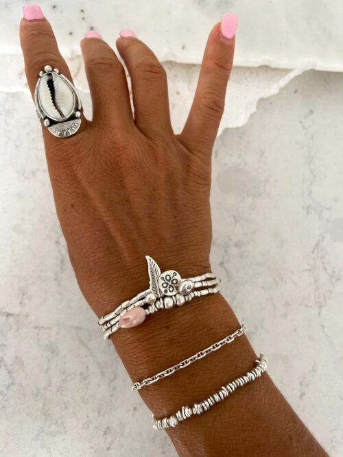 ocean inspired silver jewellery. Pure silver wrap bracelet with silver charms and pink opal gemstone - for a beach vibes look- water safe for everyday wear. 3 styles in 1