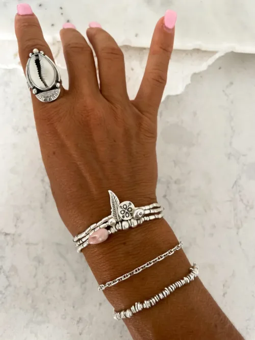 ocean inspired silver jewellery. Pure silver wrap bracelet with silver charms and pink opal gemstone - for a beach vibes look- water safe for everyday wear. 3 styles in 1