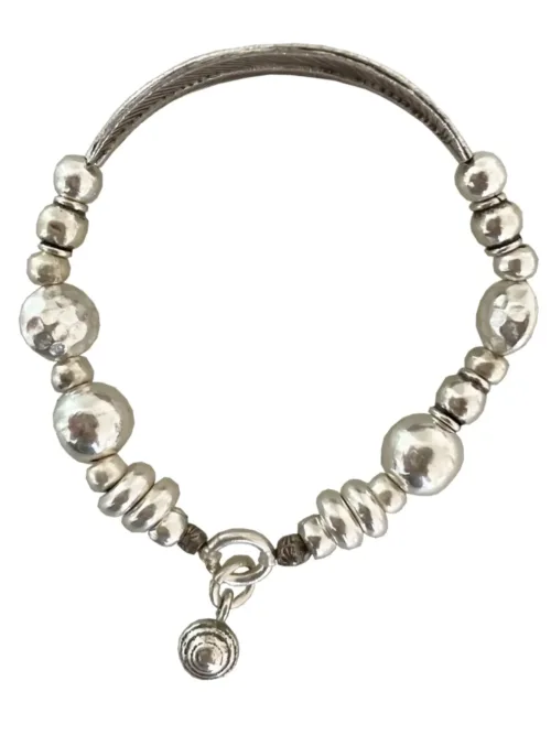 chunky pure silver bracelet perfect for stacking. large curve leaf for bohemian style. easy to slip on stretch elastic
