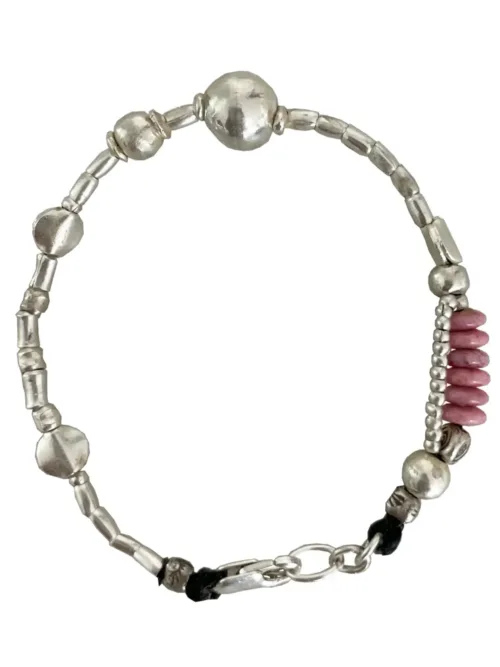 pure silver bracelet with ball bead centre and glass bead pink colour pop. ocean safe silver jewelry