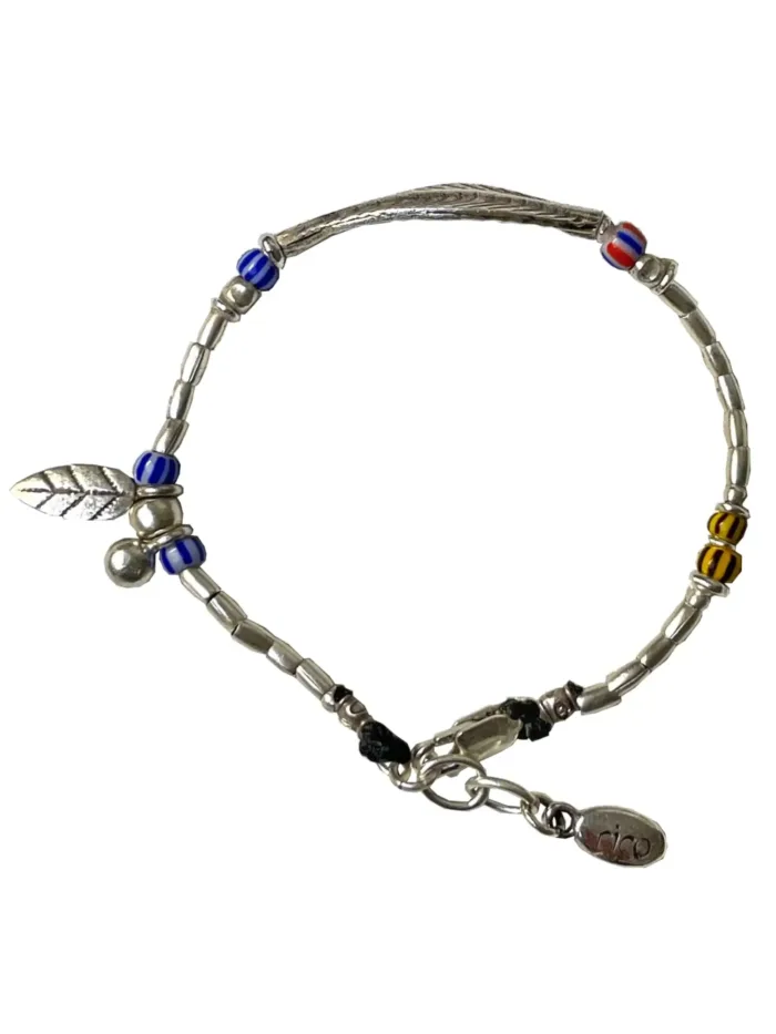 large curve leaf silver bracelet with striped chevron bead. water safe